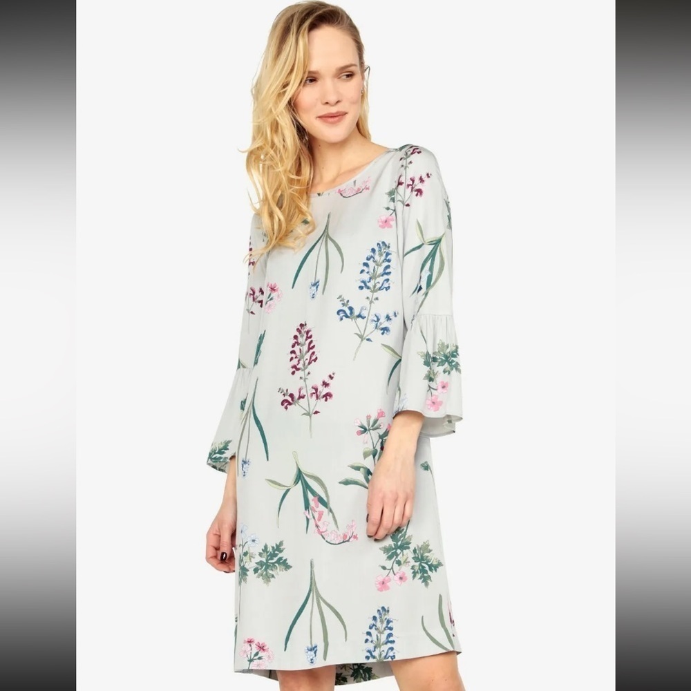 Joules Women’s Gardenia Botanical Gray  Bell Sleeve Dress Size US 10 (FLAWED)